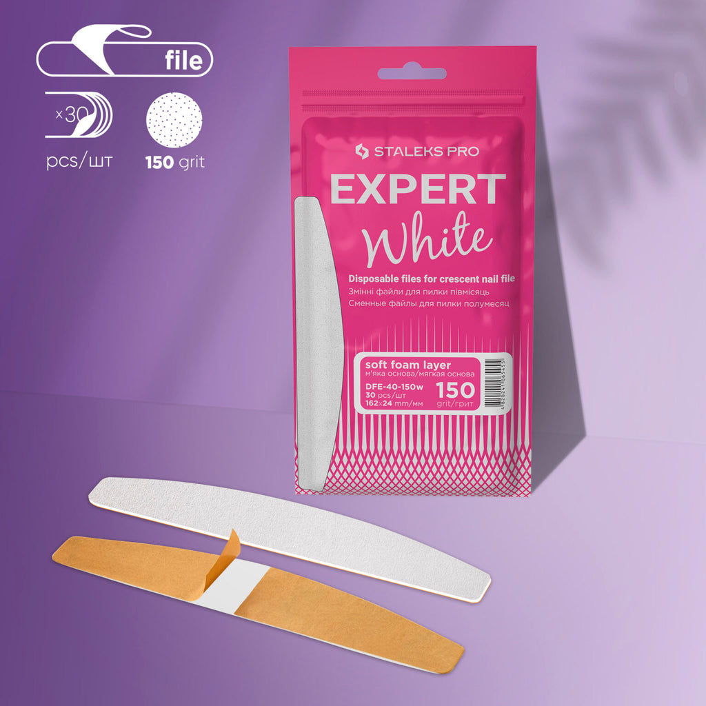 Disposable white files for crescent nail file on a soft foam layer EXPERT 40 150 grit (30 pcs)
